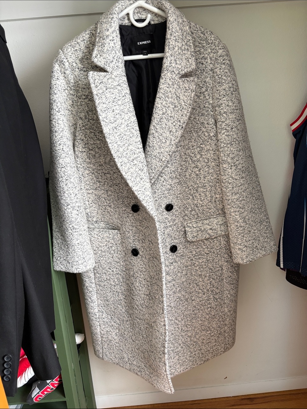 Express Bouclé Double-Breasted Coat in Ivory and Black Speckle